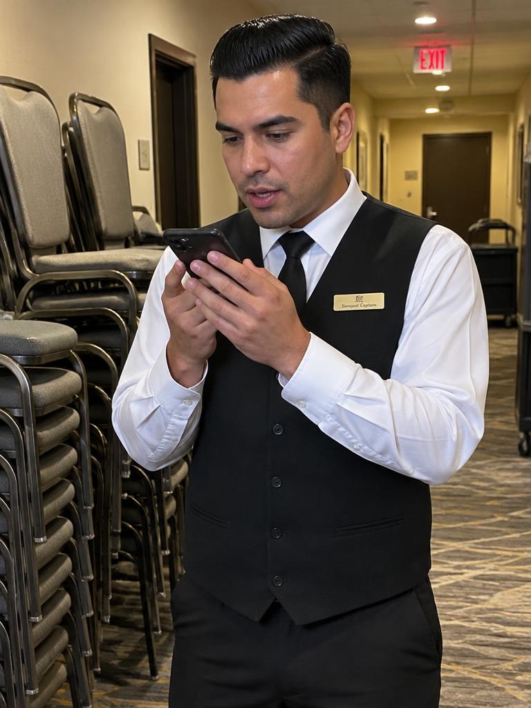 Banquet captain recording a voice note in the ballroom service corridor