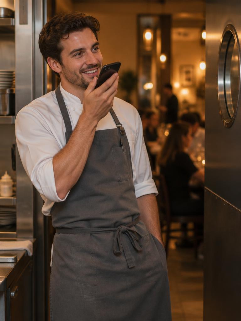 Shift lead recording a voice note by the kitchen swing door