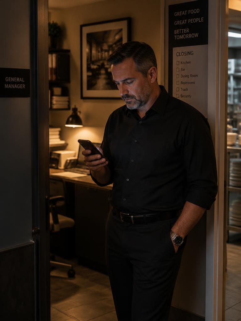 General manager reading his phone in the back office after close